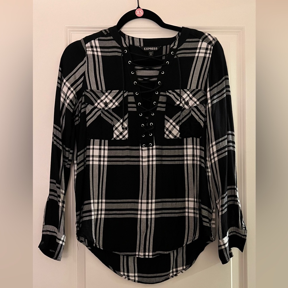 Express Black and White Plaid Lace-Up Shirt Size XS